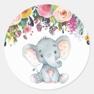 Sticker Rond Éléphante Fille Florale Baby Shower Rose et Gris