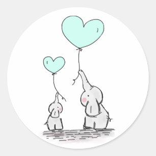 Sticker Rond Eléphants Baby shower des ballons de coeur vert