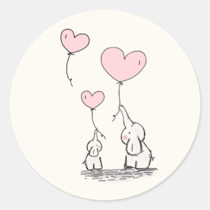 Sticker Rond Éléphants élégants de bébé et ballons roses 