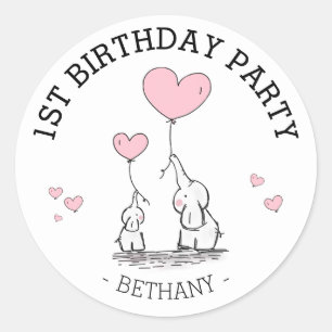 Sticker Rond Eléphants et Coeurs Rose mignons   Fille 1er anniv