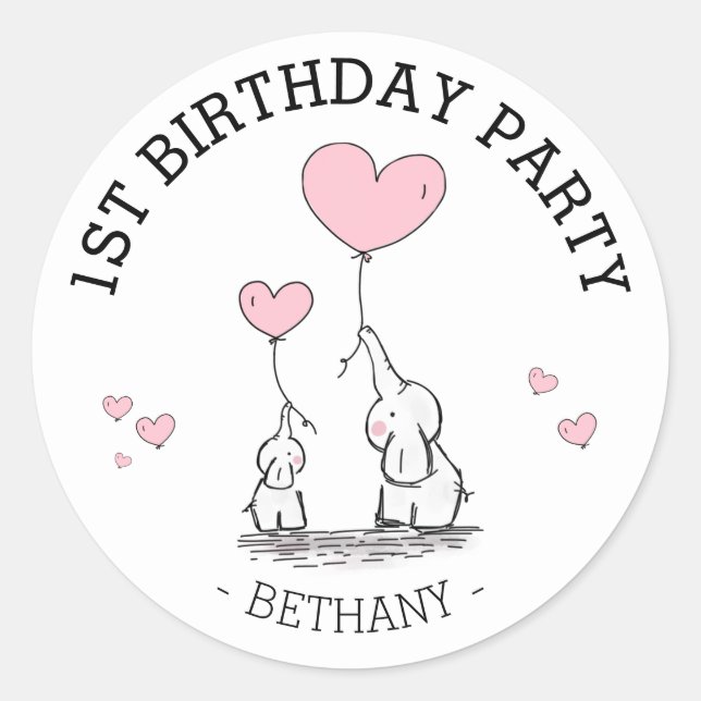 Sticker Rond Eléphants et Coeurs Rose mignons | Fille 1er anniv (Devant)