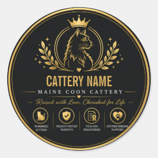 Sticker Rond Élevage de Maine Coon sur mesure noir et or de lux