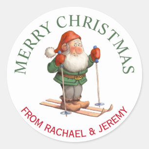 Sticker Rond Elf de Père Noël sur le Joyeux Noël de skis