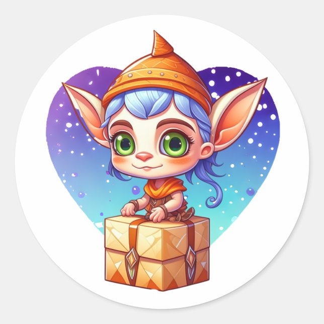 Sticker Rond Elfe de Noël avec Arrière - plan de neige (Devant)