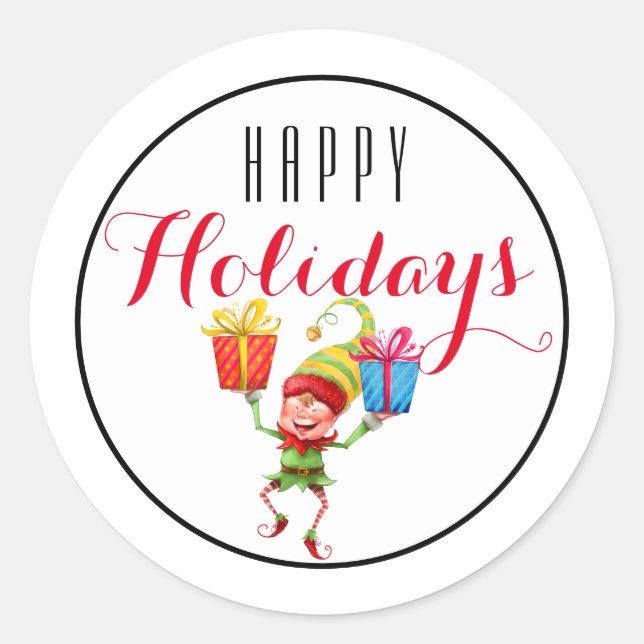 Sticker Rond Elfe mignonne avec cadeaux Joyeux vacances/blanc (Devant)