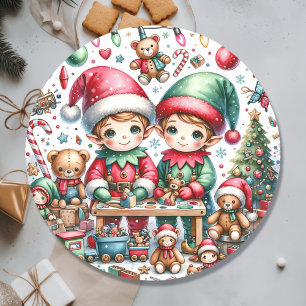 Sticker Rond Elfes adorables à Père Noël Atelier Noël