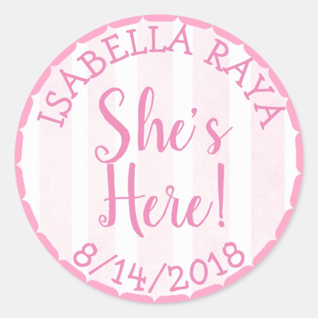 Sticker Rond Elle est là, nouvelle petite Faire-part (Devant)