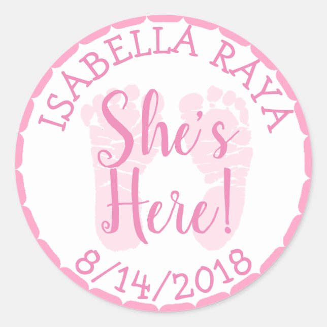 Sticker Rond Elle est là, nouvelle petite Faire-part (Devant)