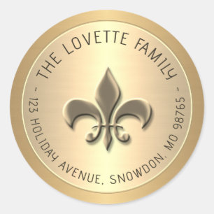 Sticker Rond Embossée Gold Fleur de Lis Holiday Adresse de reto