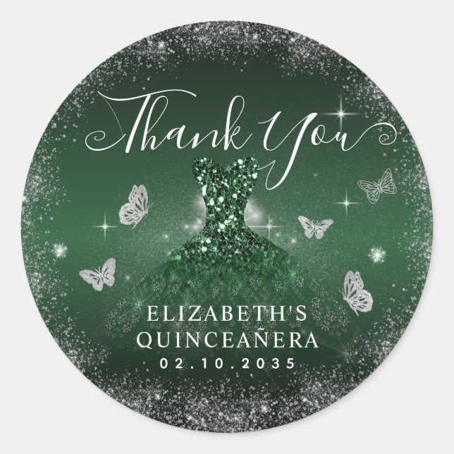 Sticker Rond Emerald Green Argent Gown Quinceañera Merci (Devant)