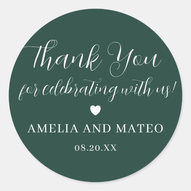 Sticker Rond Emerald Green Calligraphie Mariage Merci Favor (Devant)