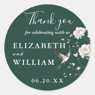Sticker Rond Emerald Green Chinoiserie Floral Mariage Merci