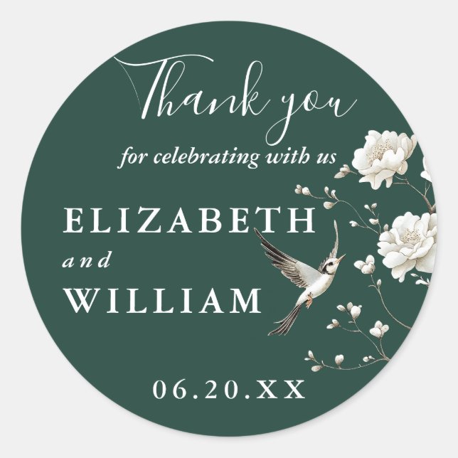 Sticker Rond Emerald Green Chinoiserie Floral Mariage Merci (Devant)