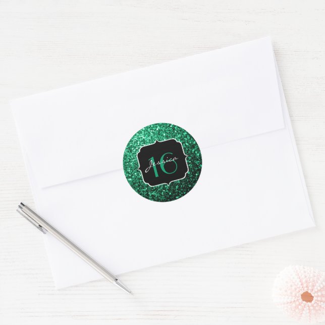Sticker Rond Emerald Green fausse parties scintillant scintille (Enveloppe)
