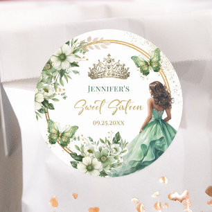Sticker Rond Emerald Green Girl Princess Tiara Floral Sweet 16