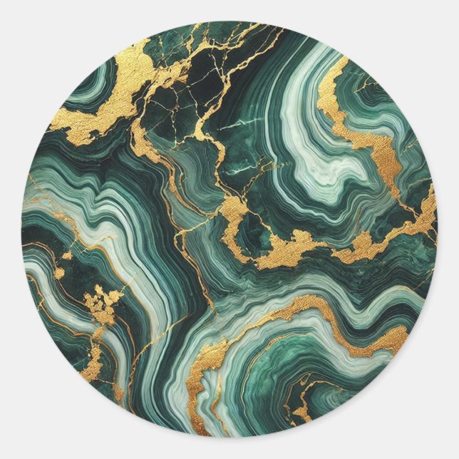 Sticker Rond Emerald Green & Gold Marble Look Mariage Glam (Devant)
