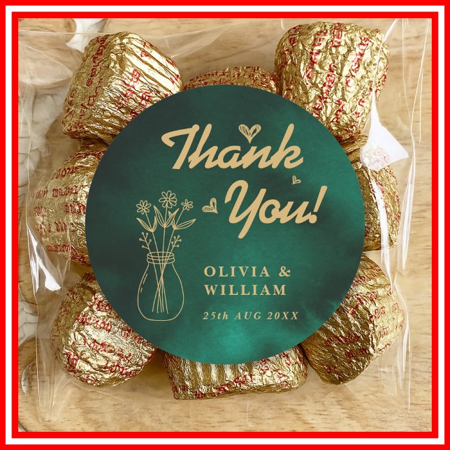 Sticker Rond Emerald Green & Gold Wildflower Wedding Thank You (Créateur téléchargé)