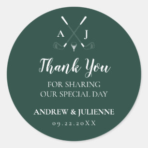 Sticker Rond Emerald Green Moderne Monogram Mariage de golf