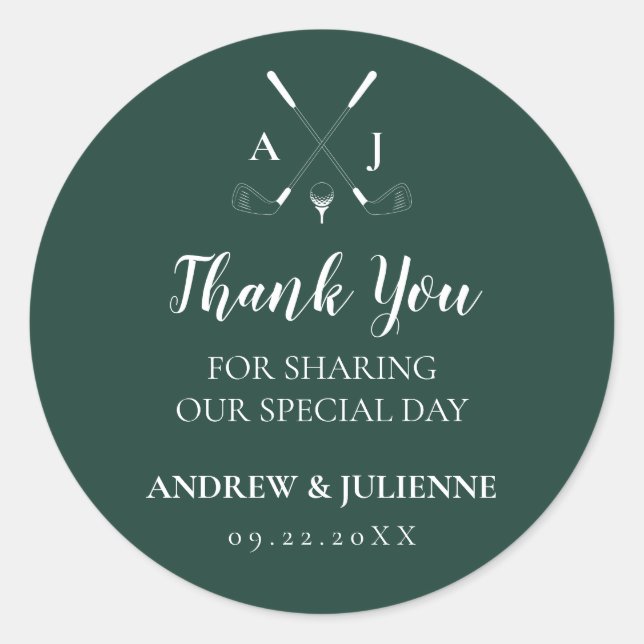 Sticker Rond Emerald Green Moderne Monogram Mariage de golf (Devant)