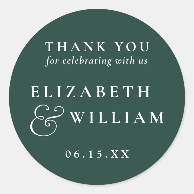 Sticker Rond Emerald Green Moderne Monogramme Mariage Merci (Devant)