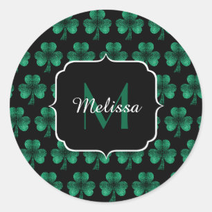 Sticker Rond Emerald Green Sparkle Shamrock noir Monogramme