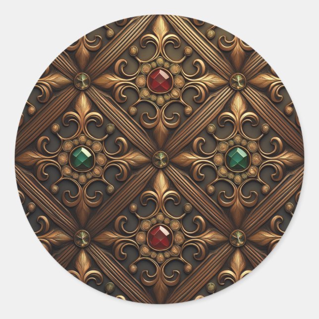 Sticker Rond Émeraude Et Rubis Sur Un Design Orné D'Or (Devant)