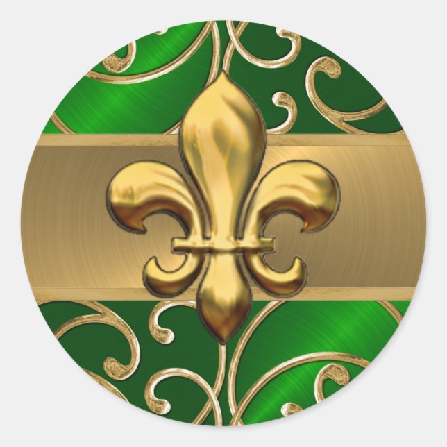 Sticker Rond Émeraude Filigree Or Fleur de Lis (Devant)