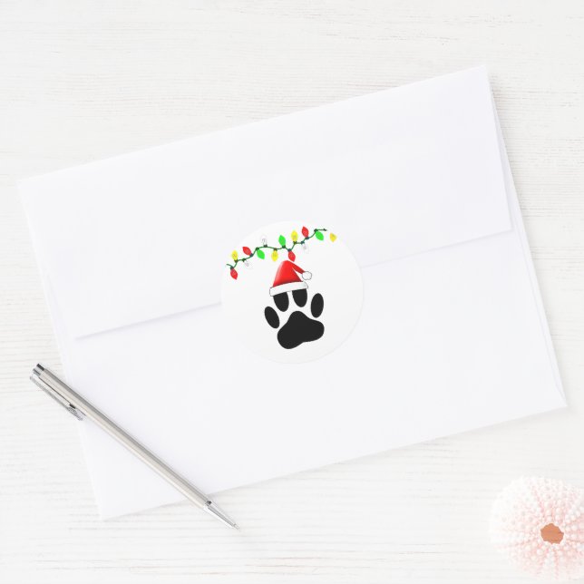 Sticker Rond Empreinte de chien Santa Hat lumières de Noël (Enveloppe)