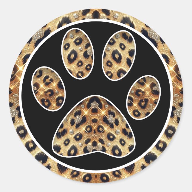 Sticker Rond Empreinte de patte avec léopard noir et or scintil (Devant)