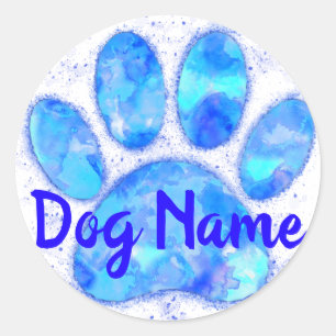 Sticker Rond Empreinte de patte de chien d'aquarelle bleu avec 