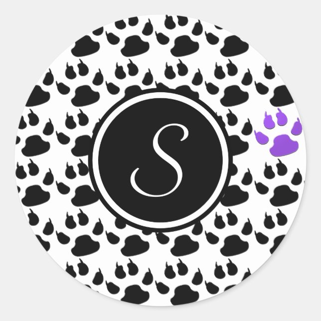 Sticker Rond Empreinte de patte noir, blanc et violet (Devant)