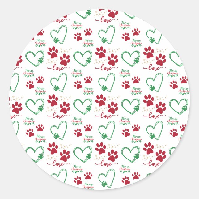 Sticker Rond Empreintes de pattes de CHIENS de Noël et COEURS D (Devant)