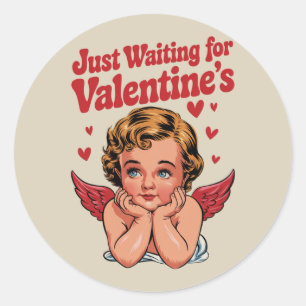 Sticker Rond En attendant l'Amour Cupidé Rétro de Saint Valenti
