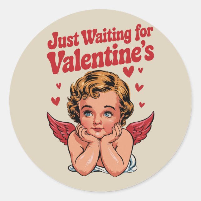 Sticker Rond En attendant l'Amour Cupidé Rétro de Saint Valenti (Devant)