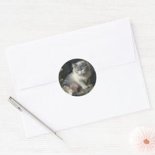 Sticker Rond En Compagnie De Fleurs Gris et Blanc Kitten