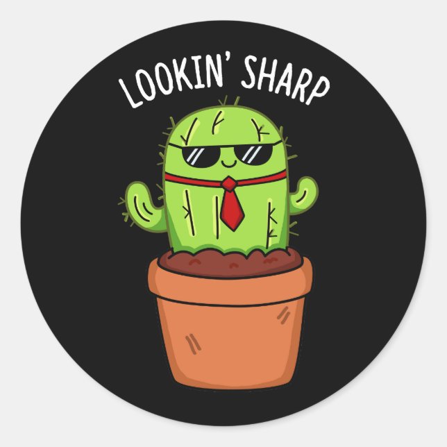 Sticker Rond En regardant Sharp Funny Cactus Pun Dark BG (Devant)