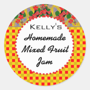 Sticker Rond en vichy confiture de fruits mélangés à fleurs éti