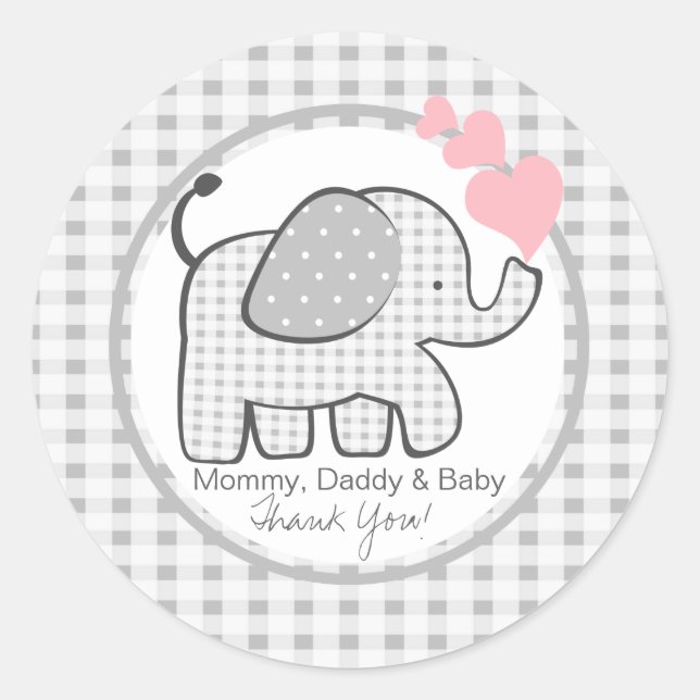 Sticker Rond en vichy Eléphant aux Coeurs (Devant)