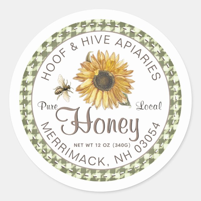 Sticker Rond En vichy frontière rustique Tournesol Bee Miel Éti (Devant)