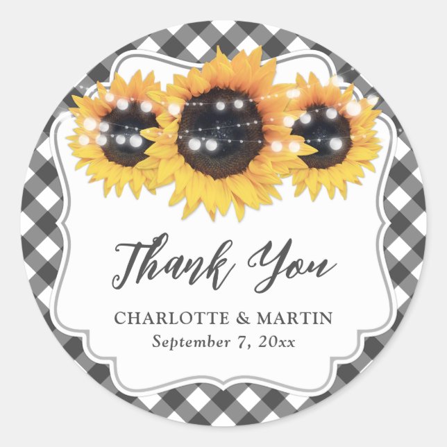 Sticker Rond En vichy noir tournesol rustique Merci Floral (Devant)