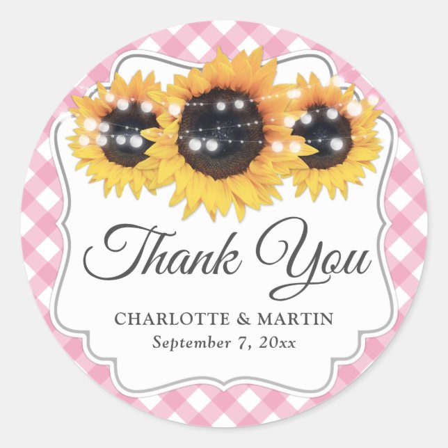 Sticker Rond En vichy rose Tournesol Rustique Merci Floral (Devant)