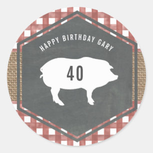 Sticker Rond En vichy rouge Cochon Burlap Anniversaire Bbq