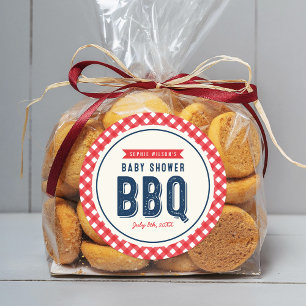 Sticker Rond En vichy rouge et Baby shower bleu barbecue