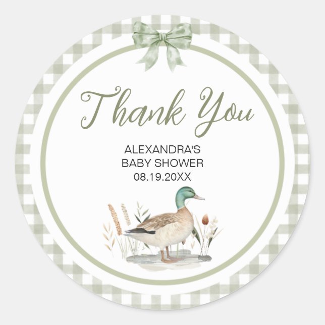 Sticker Rond en vichy Sage Green Mallard Duck Baby shower (Devant)