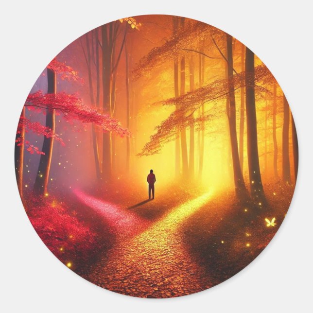 Sticker Rond Enchanted Crossroads - Vibrant Autumn Forest Art P (Devant)