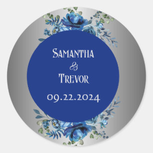 Sticker Rond Enchantement élégant : Argent Monogrammé & Bleu