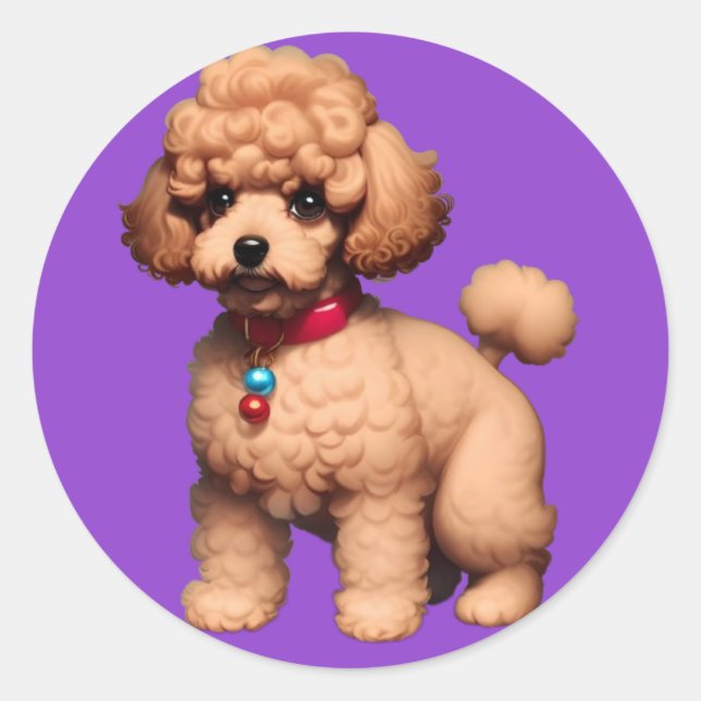 Sticker Rond Enchanter Brown Toy Poodle sur Arrière - plan viol (Devant)