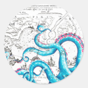 Sticker Rond Encre de Tentacles Bleus Rose Bleu