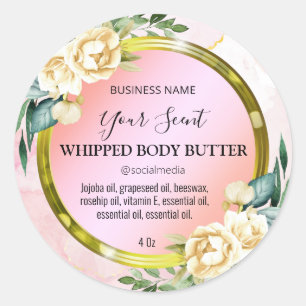 Sticker Rond Encre fleurie Pastel Rose Beurre de corps Étiquett