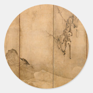 Sticker Rond Encre japonaise sur papier Gibbons Primates & Pays
